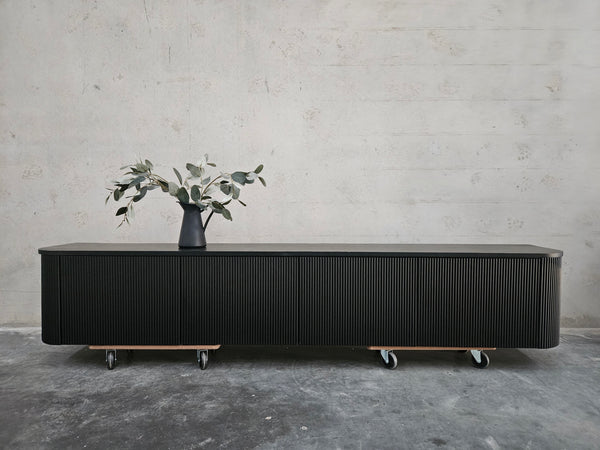 Wall-mounted curved edges TV unit with solid American Oak timber top