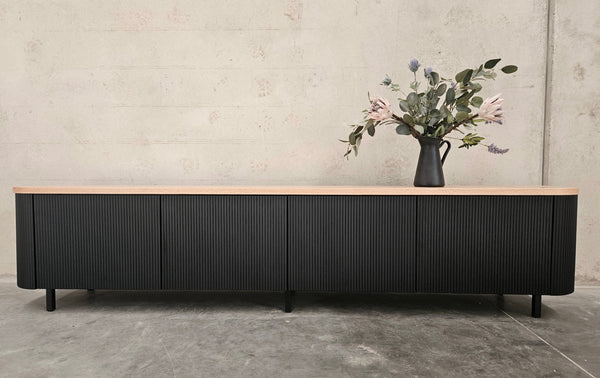 Black Fluted TV unit with solid Timber Top