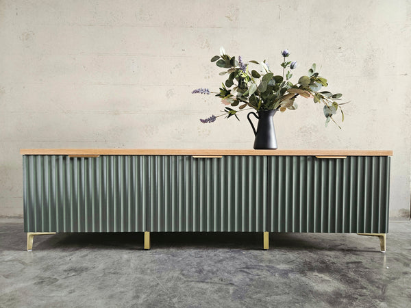 Green Fluted TV unit with solid Timber Top